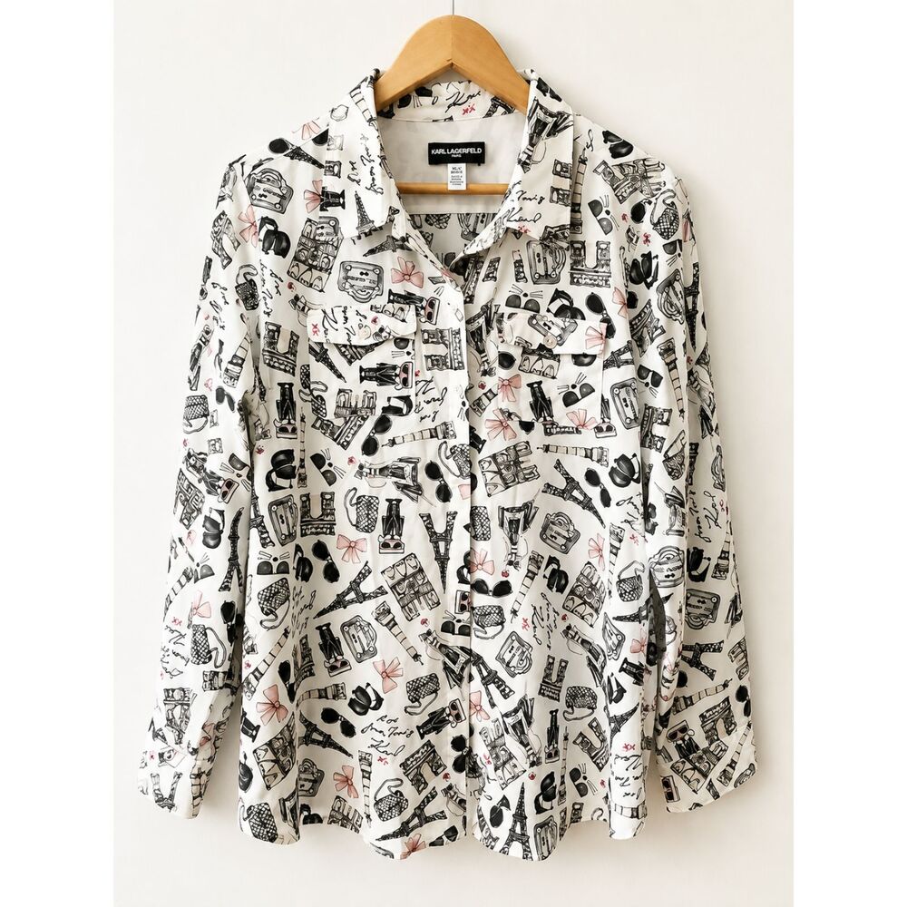 Karl Lagerfeld Paris Button Front Blouse XL Paris Print Eiffel Tower Handbag Top